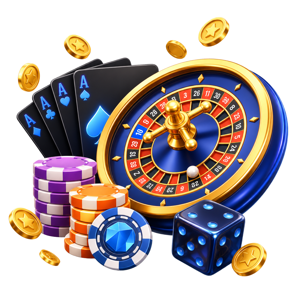 Betfeel gaming elements: roulette wheel, playing cards, chips and dice